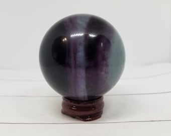 57mm Watermelon Fluorite Natural Crystal Sphere with Banding & Rainbow Flash - Stand Included