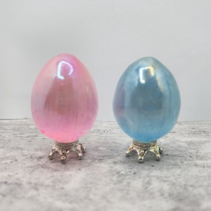 Rainbow Angel Aura Titanium Coated Selenite Carved Crystal Egg w/ Crown Stand #123