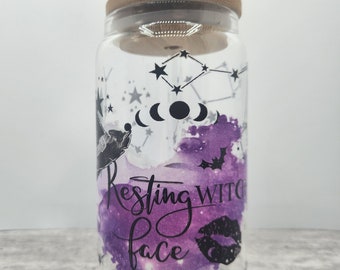 Resting Witch Face Witchy Vibes Astrology Astronomy Glass Tumbler w/ Bamboo Lid Glass Straw - Ice Coffee Cup Beer Can Glass Shaped