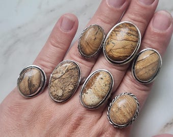 Picture Jasper Crystal Ring .925 Sterling Silver Plated - You Pick