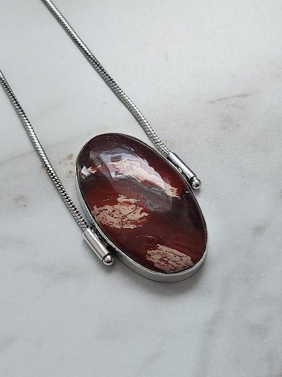 Oval Red Jasper Crystal Pendant with Cord Metal Necklace .925 Sterling Silver Plated