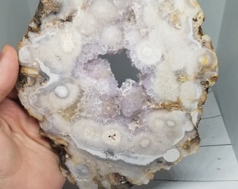 1.7 LB Large Pink Amethyst Flower Agate Druzy Slab w/ Metal Stand (656g)