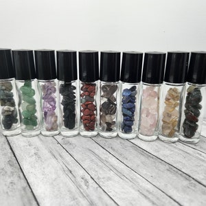 10 Empty Glass Roller Bottles with Natural Crystal Chip - Fill Yourself - Travel Bottle 10mL