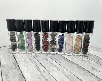 10 Empty Glass Roller Bottles with Natural Crystal Chip - Fill Yourself - Travel Bottle 10mL