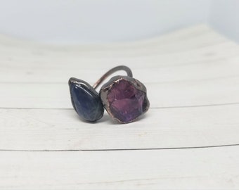 Soldered Cooper Electroformed Amethyst & Labradorite Chunky Adjustable Ring, Rough and Polished Natural Crystal Ring