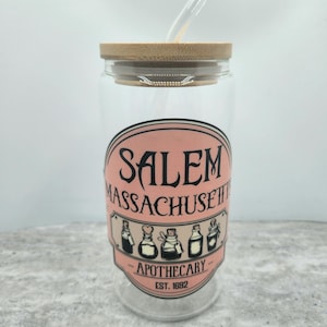 Salem Massachusetts Halloween Witch Trials Can Glass Drink Tumbler Ice Coffee Cup with Bamboo Lid - Glass Straw & Straw Cleaner