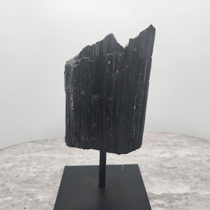Chunk of Black Tourmaline on Metal Display - Natural Crystal Gemstone - Block Negative Energy