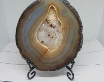 Beautiful Banded Druzy Agate Natural Polished Crystal Slab with Black Metal Stand