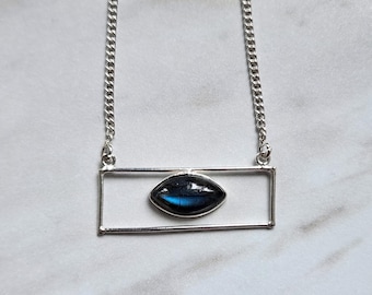 Dainty Elegant Labradorite Crystal Pendant .925 Sterling Silver Plated w/ Necklace