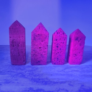 May include: Four pink house-shaped sponges, arranged in a row from left to right, on a light gray surface.