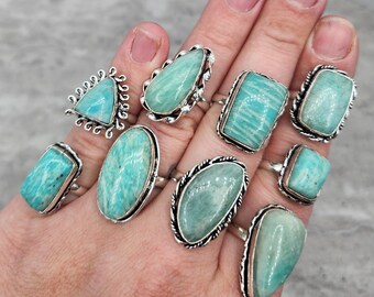 Grosse bague en cristal naturel et pierres précieuses d'Amazonite, jonc plaqué argent sterling 925 - Plusieurs tailles #2