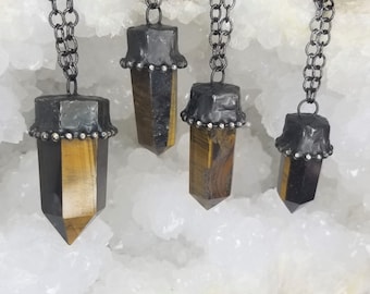 Tiger's Eye Tower Crystal Point Chunky Soldered Pendant with Necklace - Witch Necklace / Jewelry