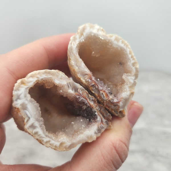 2 piece Split Natural Crystal Geode - Ring Box - Crystal Cluster Raw Gemstone - Rough Outside Sliced Geode #191