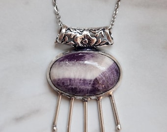 Unique Dream Amethyst (Chevron Amethyst) Crystal .925 Sterling Silver Plated Pendant w/ Necklace