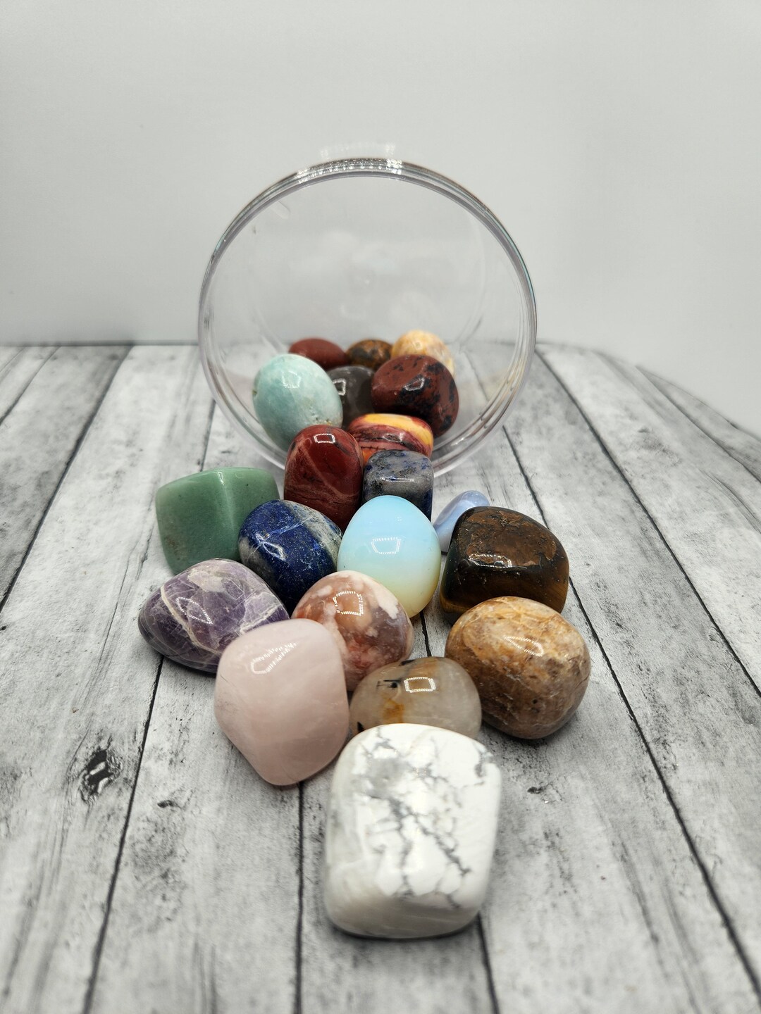 Random Tumble Jar 20 Piece Mixed Crystal Tumble Jar - 15oz - Jasper Quartz Calcite Tiger ...