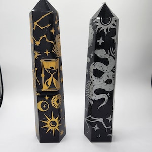 Large Black Obsidian Natural Crystal Tower w/ Etched Hourglass Snake Carving - Gold or Silver
