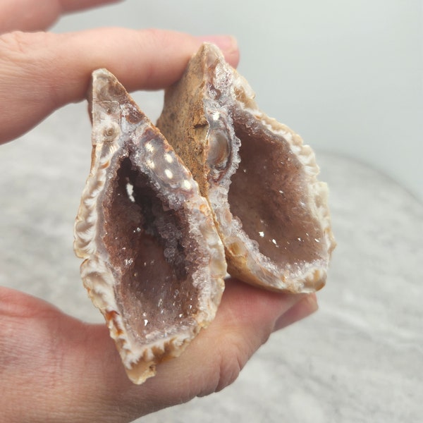 2 piece Split Natural Crystal Geode - Ring Box - Dark Colored Crystal Cluster Raw Gemstone - Rough Outside Sliced Geode #191