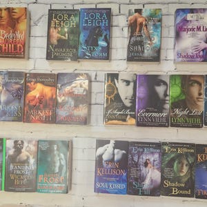 May include: A collection of 20 paperback books with various titles and authors. The books are arranged in two rows on a white brick background. The books are all different colors and have different cover designs. Some of the titles include "Beguiled Child", "Bedeviled Child", "Navarro's Promise", "Styxis Storm", "Forged of Shadows", "Shadow Tou", "Darkest Pleasure", "Darkest Kiss", "Darkest Night", "Color of Darkness", "A Angel Burn", "Evermore", "Night Lost", "Private Demon", "Halfway to the Grave", "Jeaniene Frost Wicked Bite", "Frost", "Soul Kissed", "Shadow Fall", "Shadow Bound", and "Fire Kissed".