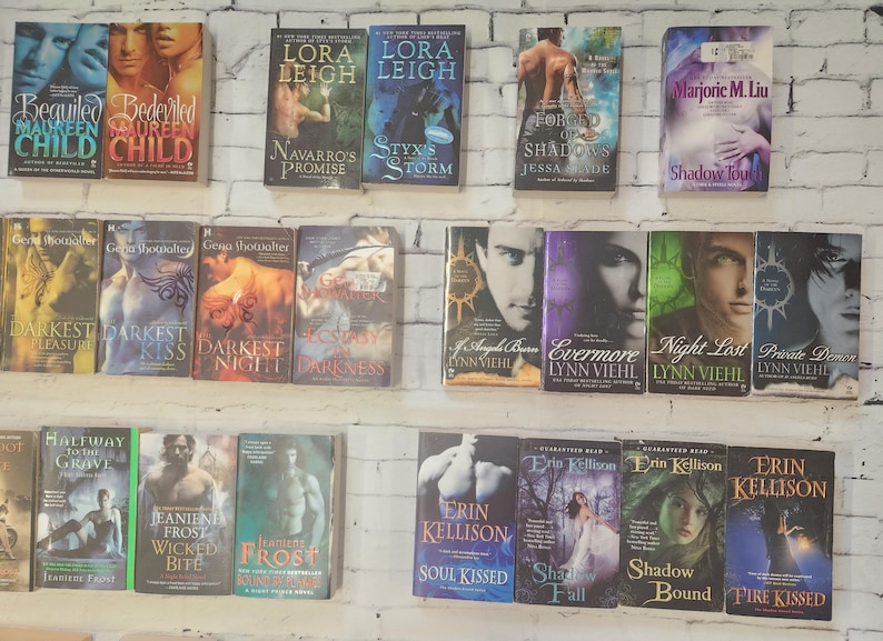 May include: A collection of 20 paperback books with various titles and authors. The books are arranged in two rows on a white brick background. The books are all different colors and have different cover designs. Some of the titles include "Beguiled Child", "Bedeviled Child", "Navarro's Promise", "Styxis Storm", "Forged of Shadows", "Shadow Tou", "Darkest Pleasure", "Darkest Kiss", "Darkest Night", "Color of Darkness", "A Angel Burn", "Evermore", "Night Lost", "Private Demon", "Halfway to the Grave", "Jeaniene Frost Wicked Bite", "Frost", "Soul Kissed", "Shadow Fall", "Shadow Bound", and "Fire Kissed".