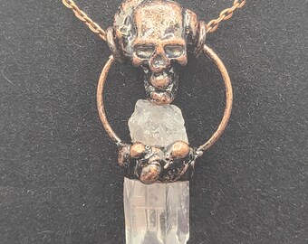Chunky Soldered Copper Skull Pendant w/ Clear Quartz Crystal & Necklace