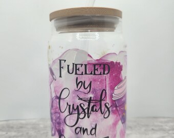 Fueled by Crystals and Coffee Witchy Vibes Astrology Astronomy Glass Tumbler w/ Bamboo Lid Glass Straw Ice Coffee Cup Can Glass Shaped