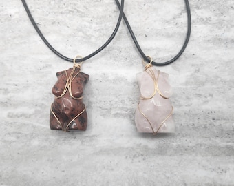 Chunky and Beautiful Lady Body Natural Crystal Wire Wrapped Pendant with Cord Necklace
