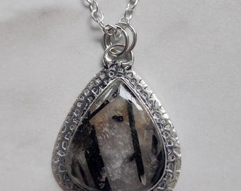 Black Tourmaline in Quartz -Tourmalinated Quartz .925 Sterling Silver Plated Pendant w/ Necklace