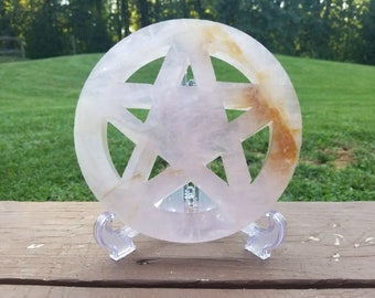 2LB Grand Quartz Rose Wiccan Pentagramme Sorcière Pentacle Cristal Naturel Sculpture