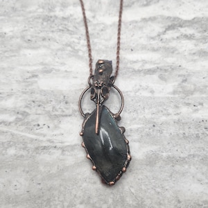 Large Soldered Polished Labradorite Crystal Raven Skull & Amethyst Pendant with Corded Necklace - Witch Jewelry