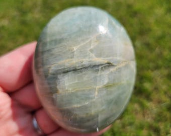Green Moonstone w/ Silver Flash Palm Stone Sized Natural Crystal - Heart Chakra Loving Energy