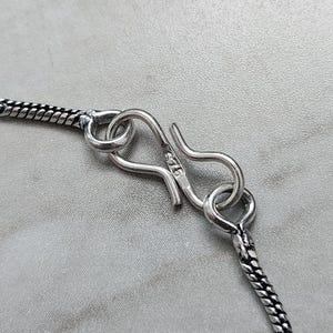 Peut inclure: Gros plan sur un fermoir de collier en argent. Le fermoir est de style crochet et &oelig;illet, avec une petite boucle &agrave; une extr&eacute;mit&eacute; et un crochet incurv&eacute; &agrave; l'autre. La cha&icirc;ne est de style serpent.