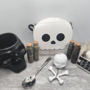 Spooky Tea Lovers Gift Box Set - Tea Samples - Skull Skeleton Silicone Infuser - Sugar Skull - Spoon