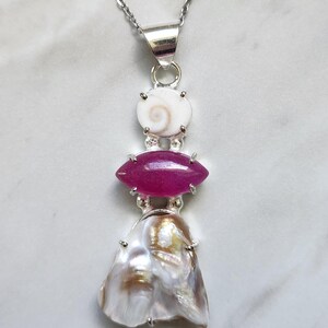 Natural Freshwater Biwa Pearl & Ruby Pendant w/ Necklace .925 Sterling Silver Plated