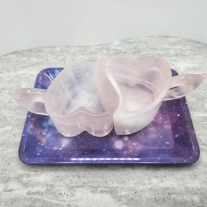 2 piece Heart Shaped Rose Quartz Charmed Natural Crystal Gemstone Mugs w/ Metal Galaxy Tray