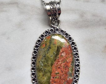 Unakite Crystal Oval Pendant .925 Sterling Silver Plated w/ Necklace