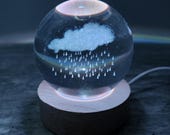 Stormy Rain Cloud Etched Glass Sphere with Rainbow Color Changing Light Base