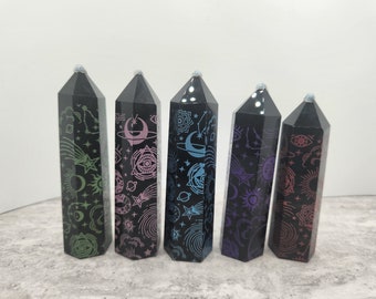 Black Obsidian Natural Crystal Tower with Point - Colorful Celestial Astrology Crystal Engraved Carvings - U PICK