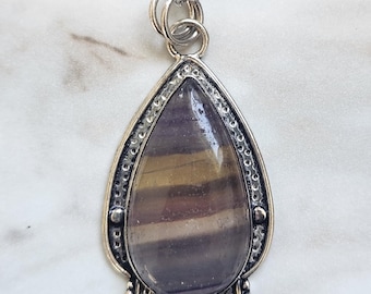 Rainbow Fluorite Crystal Pendant w/ Necklace .925 Sterling Silver Plated