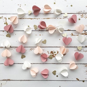 Paper garland - powder pink, peach, white hearts - wedding decoration, child's room, baby room, birthday, baptism, party