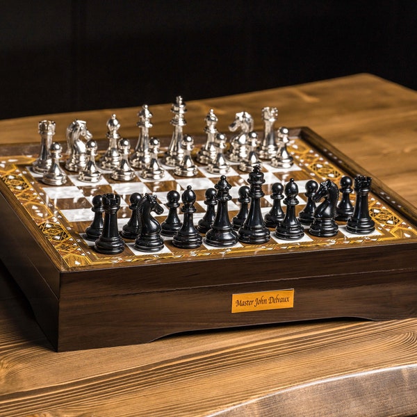 Personalized VIP Wooden Chess Set with Storage, Chess Sets with Metal Chess Pieces, Vintage Chess Board, Chess Set Handmade