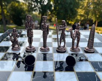 Egyptian Gifts, Custom Chess Set, Chess and Checkers, Unique Chess Set, Marble Chess Set, Egyptian Figure Chess Set, Medieval Chess Set