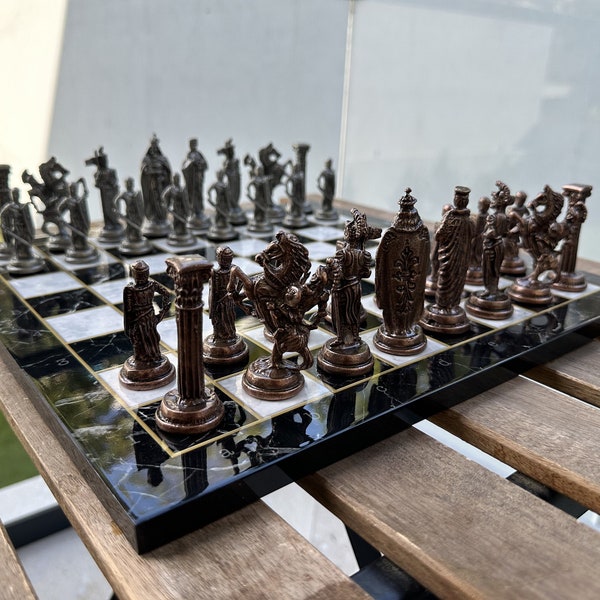 Wooden Chess Board with Metal Chess Figures, Classic Chess Pieces, Chess Set with Marble/Walnut/Mosaic Pattern Chess Board, Chess Sets