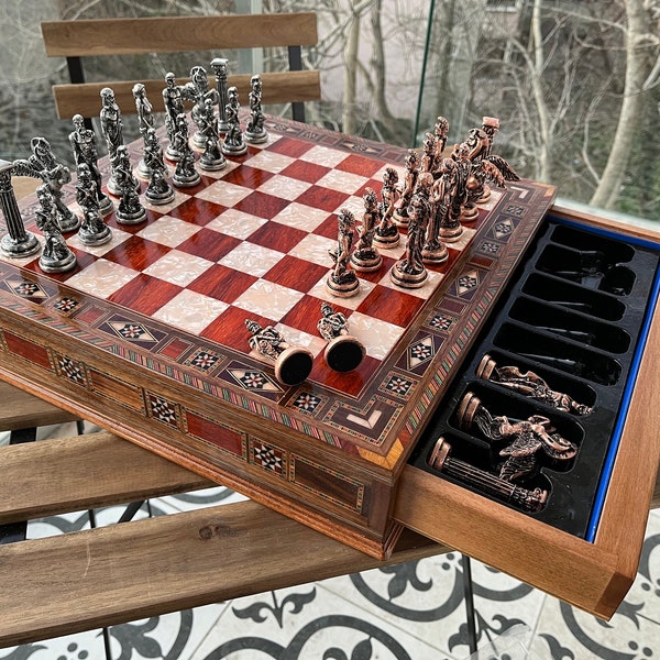 16.5” Luxury Chess Set, Personalized Wooden Chess Board with Storage Metal Theme Chess Pieces, Decorative Chess Set, Chess Set Handmade