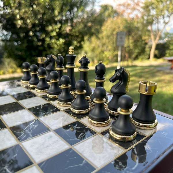 Personalized Vip Wooden and Marble Patterned Chess Board Sets with Black and White Luxury Classic Chess Pieces, Chess Set Handmade