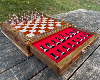 15.3" Personalized Chess Set Handmade, Chess Sets with Metal Chess Pieces, Schach, Custom Chess Set, Chess Board with Storage