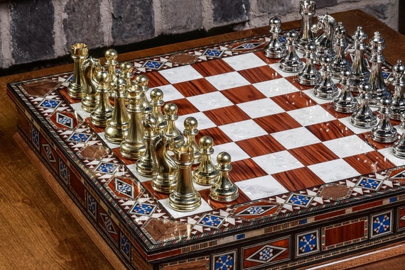 British Metal Chess Pieces With Ceramic Chess Board On Handmade Wood, Chess  Set