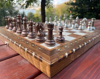 Gepersonaliseerde vintage schaakset handgemaakt met metalen schaakstukken, houten schaakbord met opbergruimte, schaakbordset, unieke schaaksets