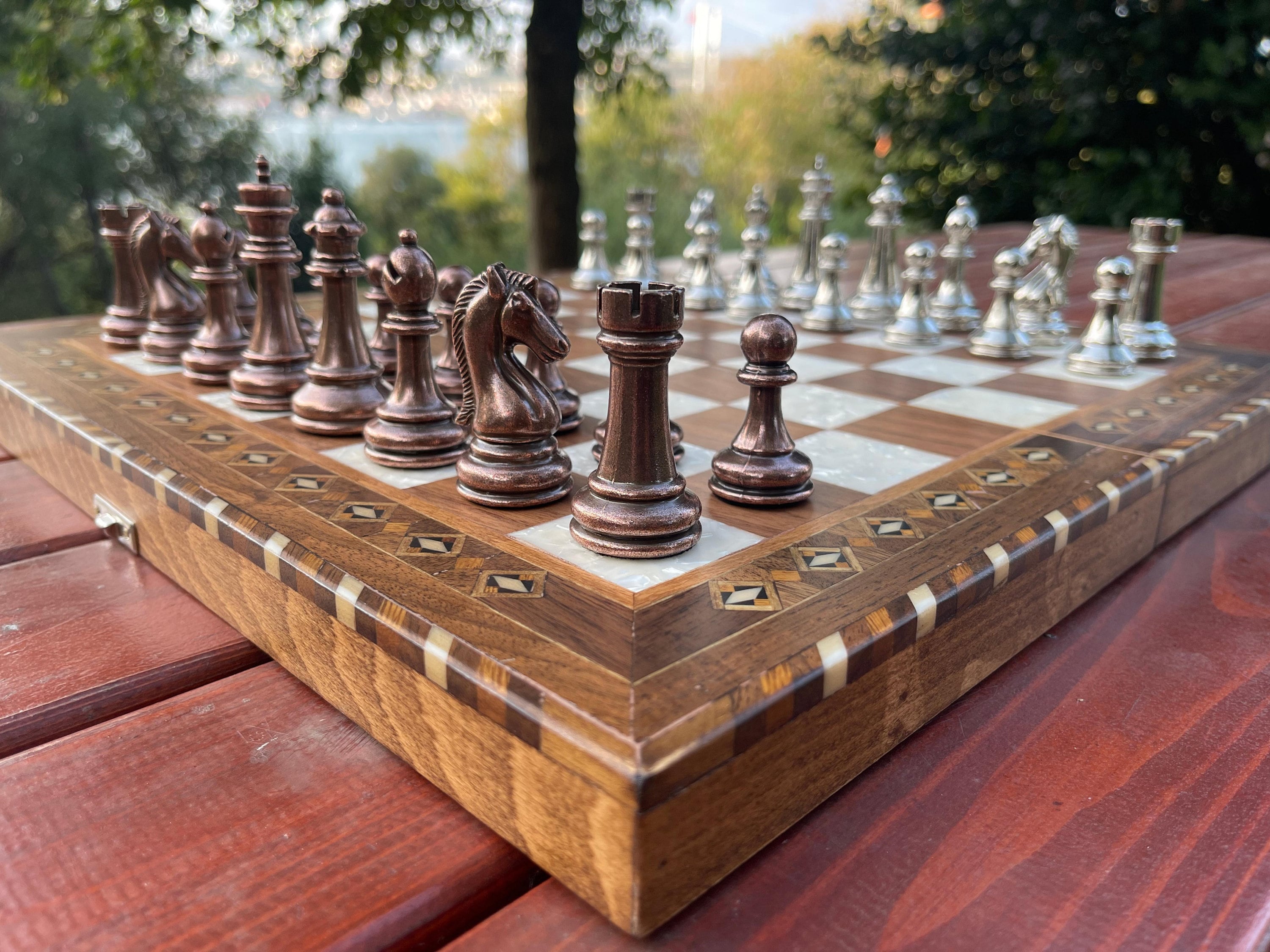 Custom Chess Set - Rosewood Chess Board Storage Box with Personalized Plate