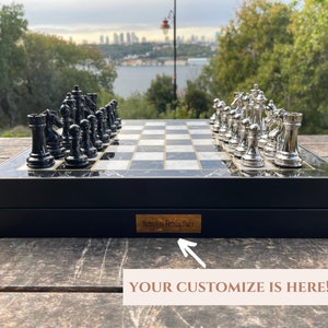 Vip Pas houten schaakspel met marmerpatroon aan, schaakbordsets met metalen zwart-zilveren schaakstukken, schaakset handgemaakt afbeelding 9