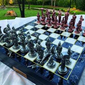 Gold Stones and Handcrafted Chess Board 14" Luxury Chess Set Top Zamak Bronze 